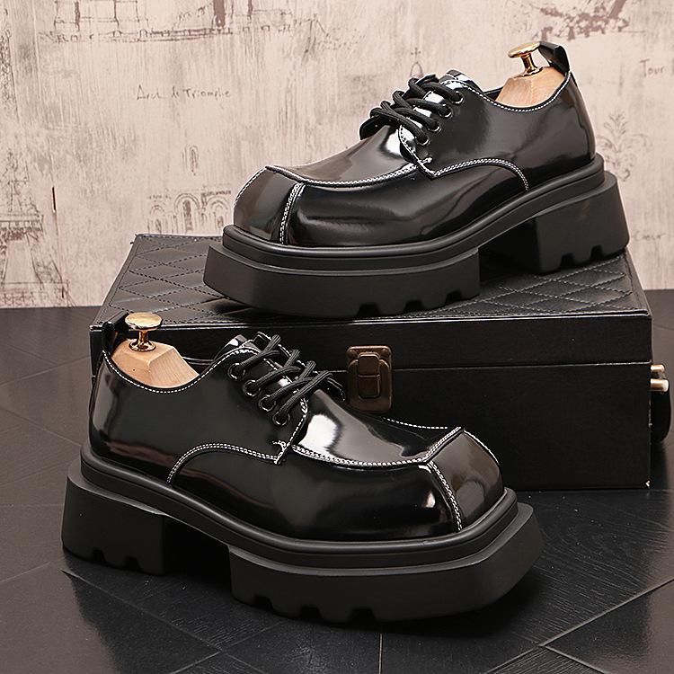 Low Cut Square Toe Patent Leather Shiny Surface Men's Style Thick Sole Lace Up Groom's Wedding Shoes Black Big Head Business Formal Leather Shoes