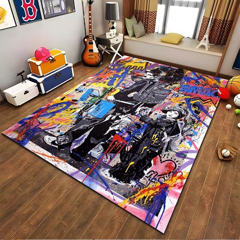 Colorful Abstract Street Art Style Rug with Urban Figures and Graffiti Suitable for Use As an Anti-slip for Living Room Bedroom Sofas