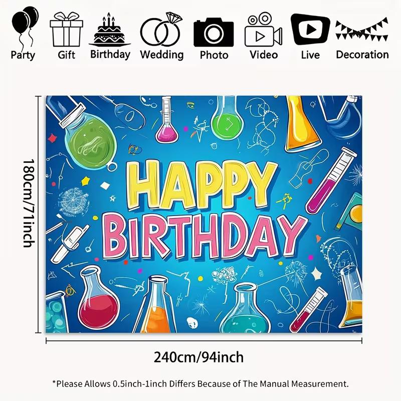 2D Flat Kids Science Party Backdrop "Happy Birthday" Lab Test Tube Background Cloth