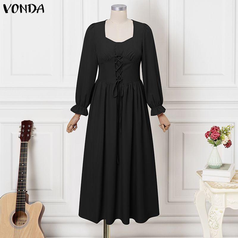VONDA Elegante Abito Maxi da Donna con Scollo Quadrato, Maniche Lunghe, Allacciatura, Casual, da Festa, con Volant, Svasato