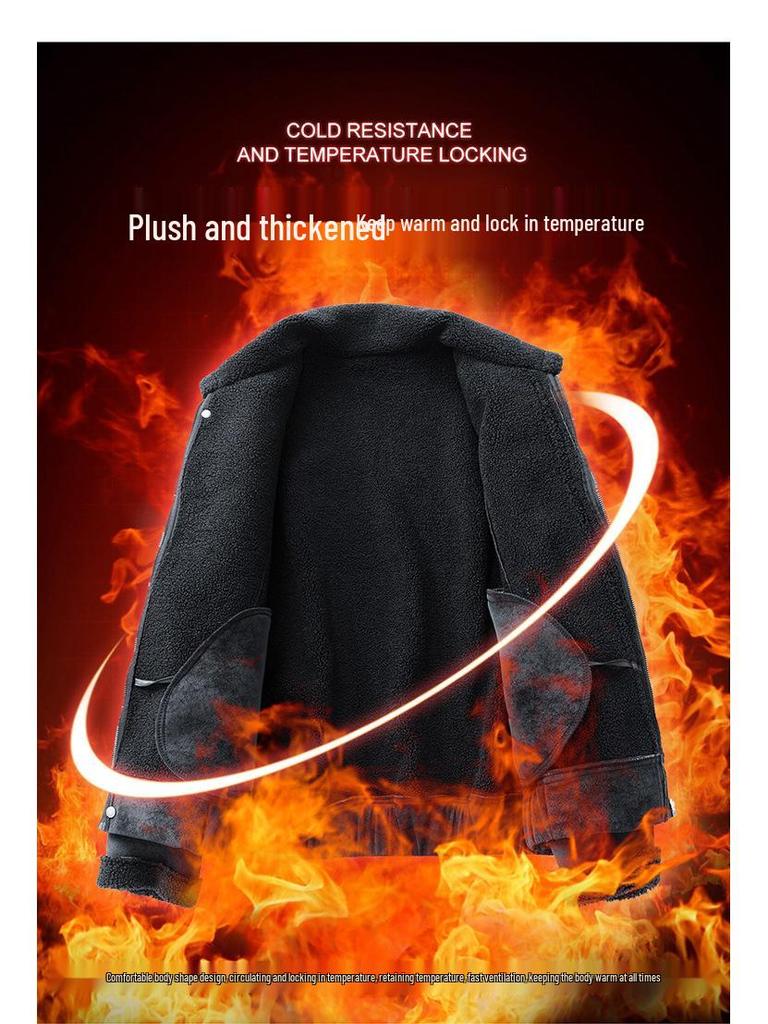 Men's 2025 Winter Warm Lambswool Jacket - Thick, Solid Color, Loose Fit