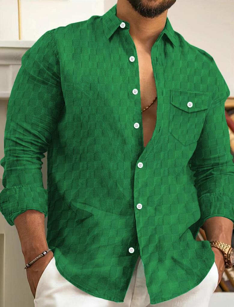 2024 Spring & Autumn European and American Men's Plaid Jacquard Long-Sleeve Shirt with Chest Pocket