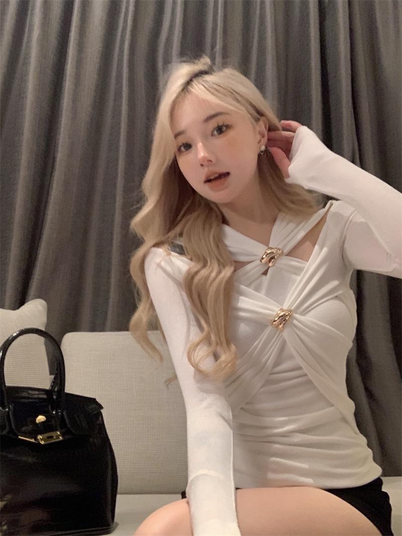 

Women s White Cross-Strap Long-Sleeve Shirt - Autumn Pure Desire Niche Style M - Recommended for 96-105 jin