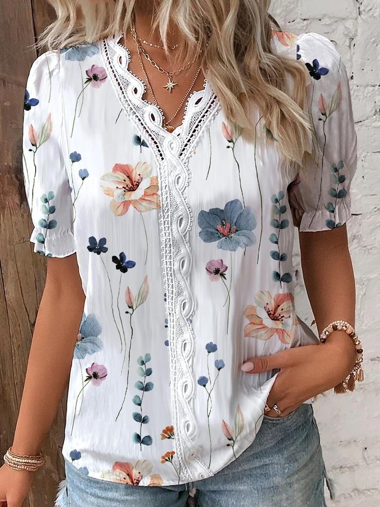 V Neck Summer Printed Floral Blouse Women Fashion Casual Puff Short Sleeve Lace Shirt Elegant Female Loose Simple Ladies Tops 369