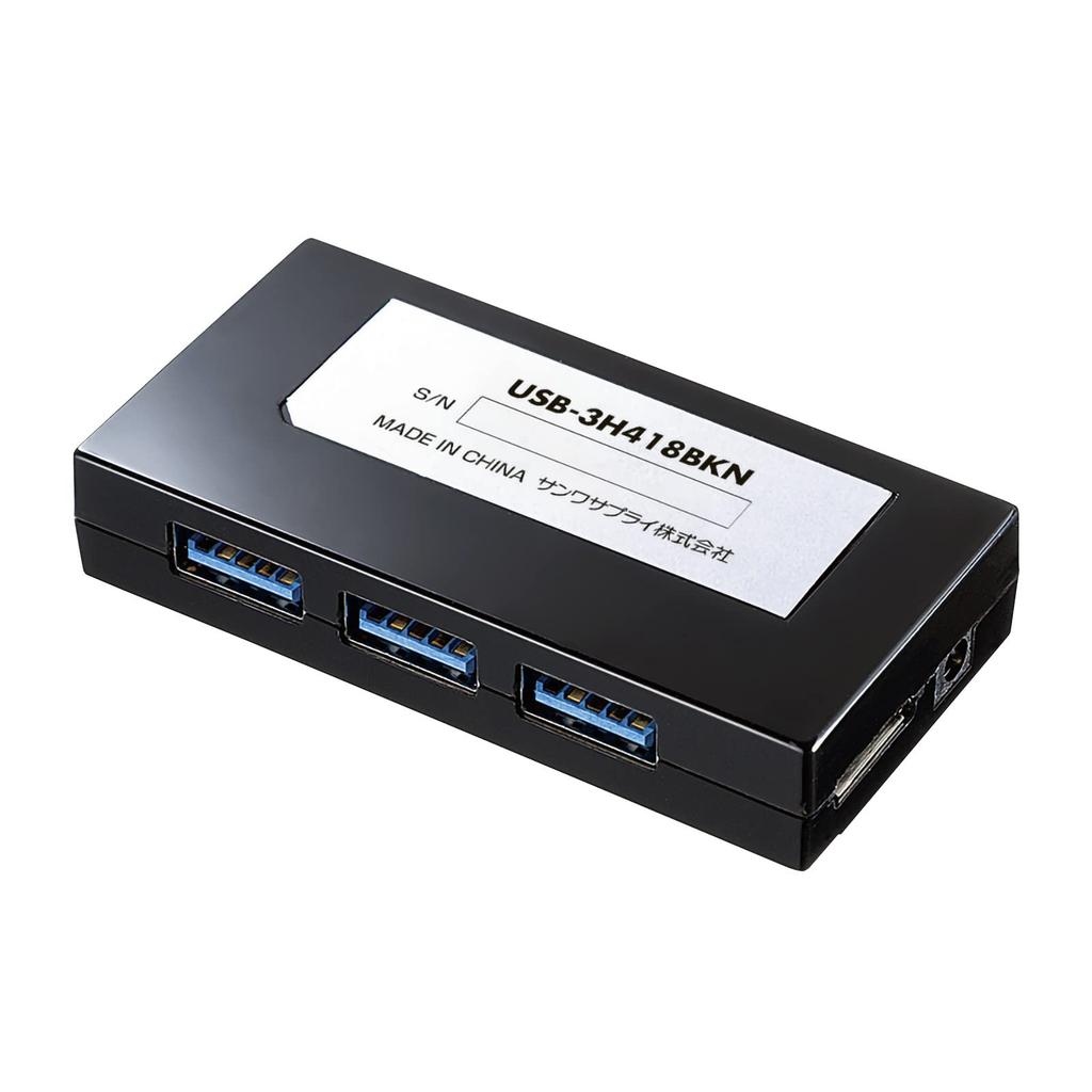 SANWA SUPPLY USB 3.2 Gen 1 4-Port Hub (4-Port, Self-Powered/Bus-Powered) USB-3H418BKN