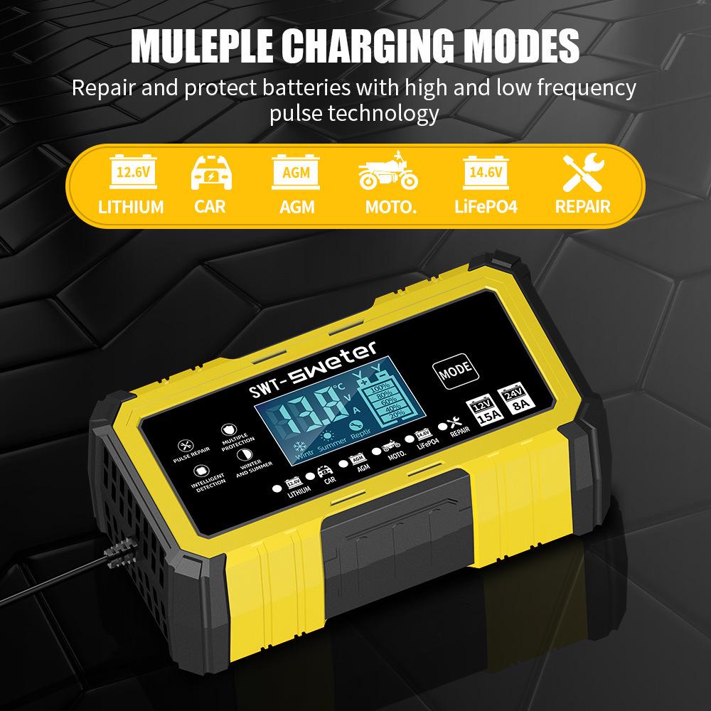 12/24V 15A High Current Smart Charger for Lead-Acid & Lithium-Iron Batteries