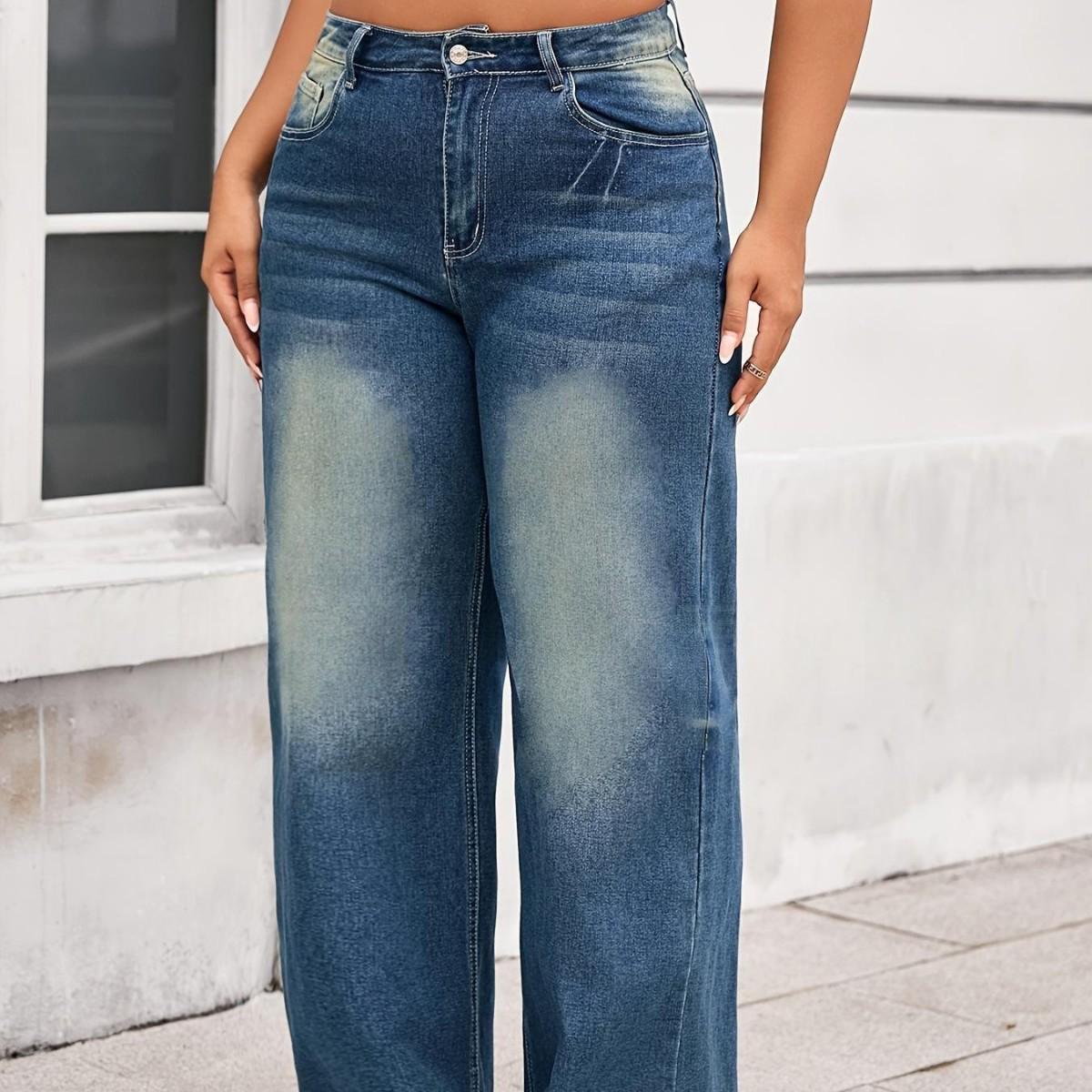 

Plus Size Women s Elastic Straight-Leg Wide Denim Pants - European/American Style 1XL