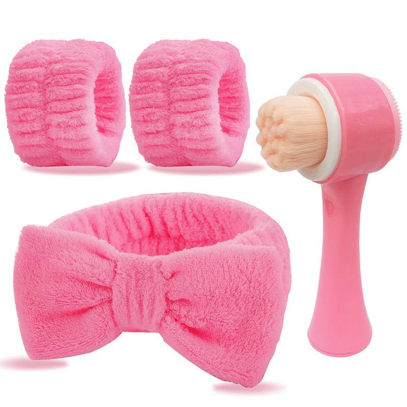 

4Pcs 3D Sides Silicone Double Sided Facial Cleanser Brush Spa Headband Wristband Pore Cleaner Exfoliator Face Scrub Brush Set рожевий червоний колір