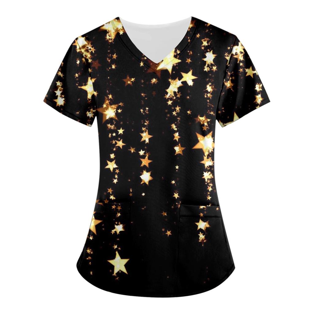 Women Fashion Butterfly Print V-neck Short Sleeve Workwear With Pockets Tops