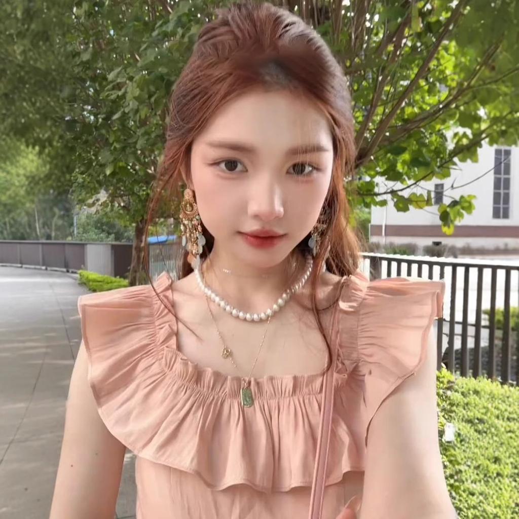 French Ruffle Leaf Edge Small Flying Sleeve Chiffon Dress Women's Spring and Summer New Korean Square Collar Temperament Pink Long Skirt