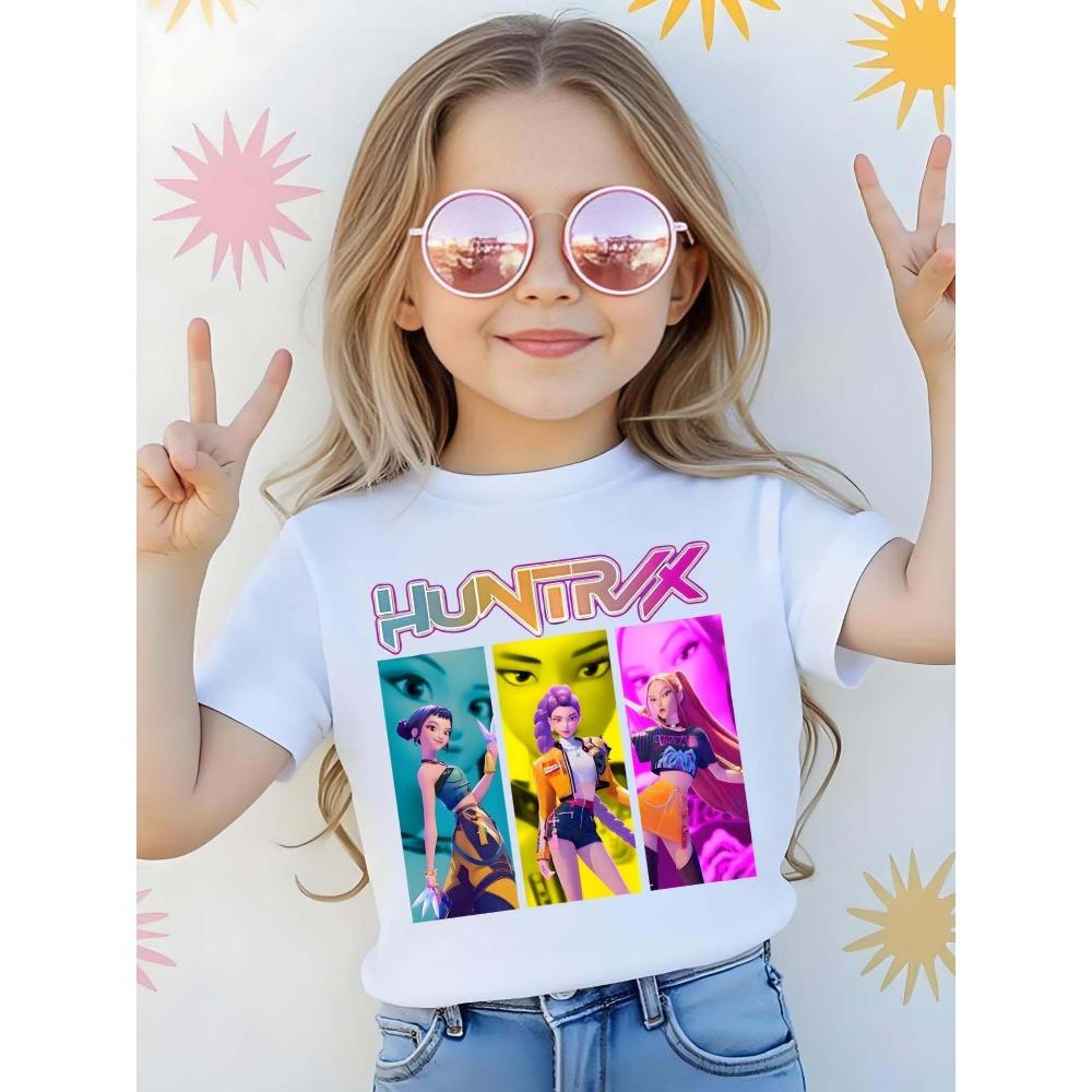 Kpop Girl Group Cool Girl Portrait Pattern Print 1-Piece Casual Sports Short-Sleeve Comfortable T-Shirt Featuring Three Girls