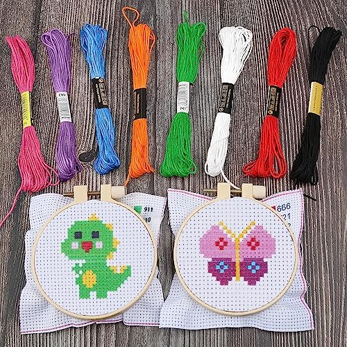 Ysimple Kids Cross Stitch Kit, 6 Animal Patterns DIY Embroidery Starter Kit for Beginners, Includes 2 Hoops, Crafts Sewing Art for Children & Adults