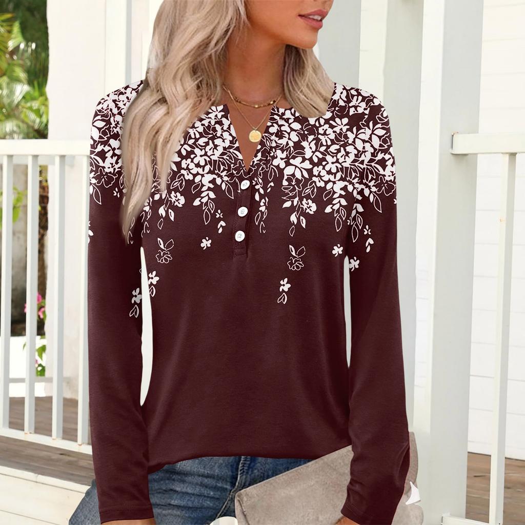 Lässiges und modisches Damen-T-Shirt mit Vintage-Blumenmuster, Rundhalsausschnitt und langen Ärmeln.