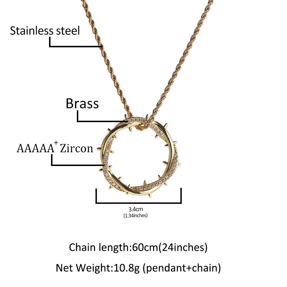 Vintage Retro Men's Trendy Brass 18K Gold Plated Zircon Inlaid Hip Hop Iced Out CZ Rope Chain Crown of Thorns Pendant Necklace