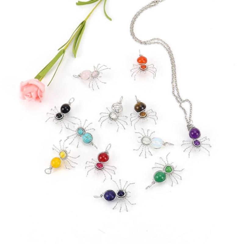 Handmade Colorful Rough Stone Necklaces Crystal Spiders Pendant Neckchains Adjustable Length Chain Jewelry Accessories