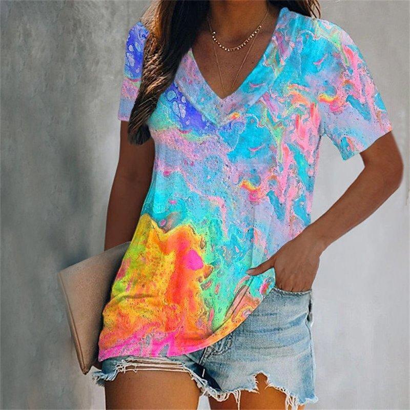 Colorful Tassels Print T-Shirt Fashion Women's Short Sleeve V-Neck T-Shirt 2024 Summer Casual Elegant Women's Large Size T-Shirt