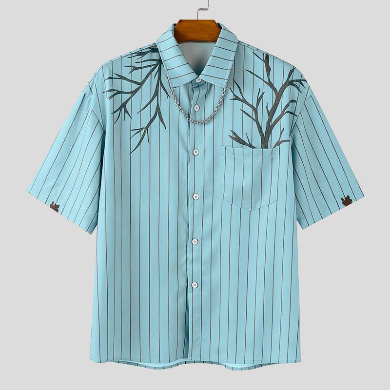 INCERUN Oversized Men Lapel Neck Short Sleeve Striped Print Casual Loose Shirts