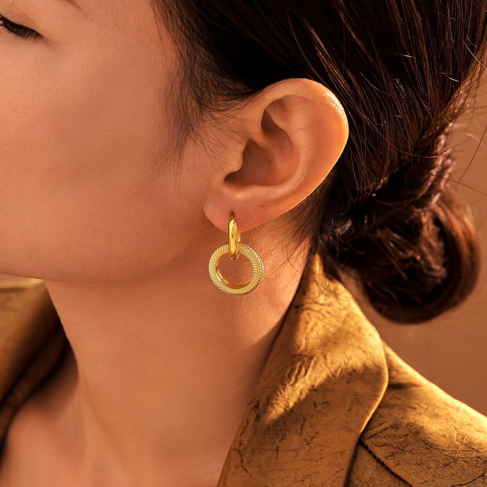 Qiong Yao Hypoallergenic Double Ring Threaded Stainless Steel Earrings with PVD Coating