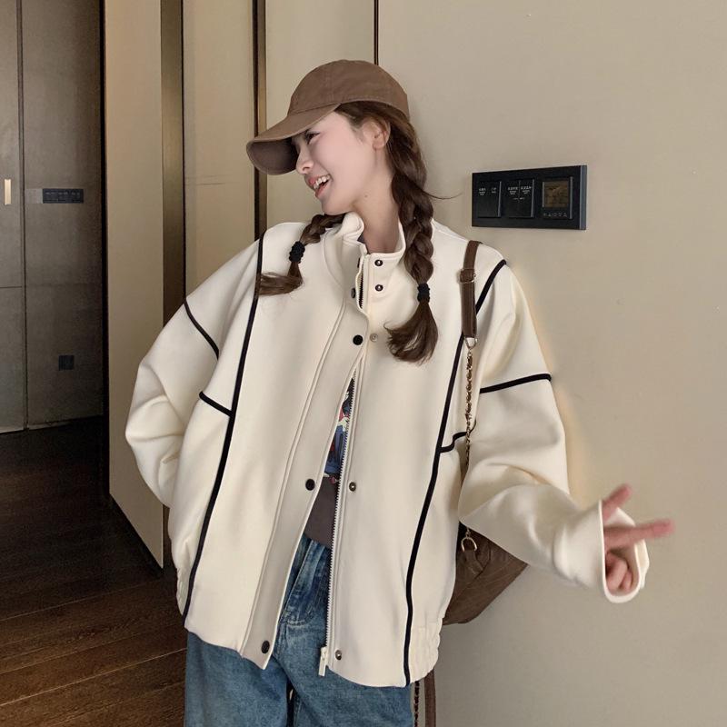 

2024 New Korean Style Contrast Stripe Stand-Up Collar Baseball Jacket for Small Men Small білий