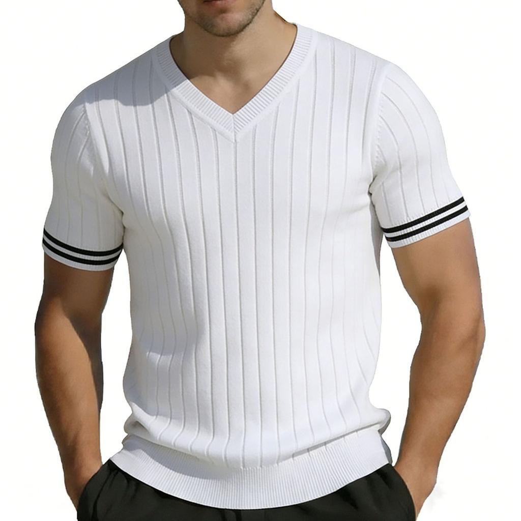 Men's Casual V Neck Short Sleeve T Shirt Ribbed Knit Slim Fit Lightweight Breathable Comfortable Summer Top for Outdoor Indoor Use