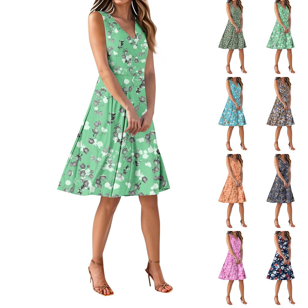 Women's Four Side Stretch Floral Sleeveless V-Neck Waist Cinching Dresses