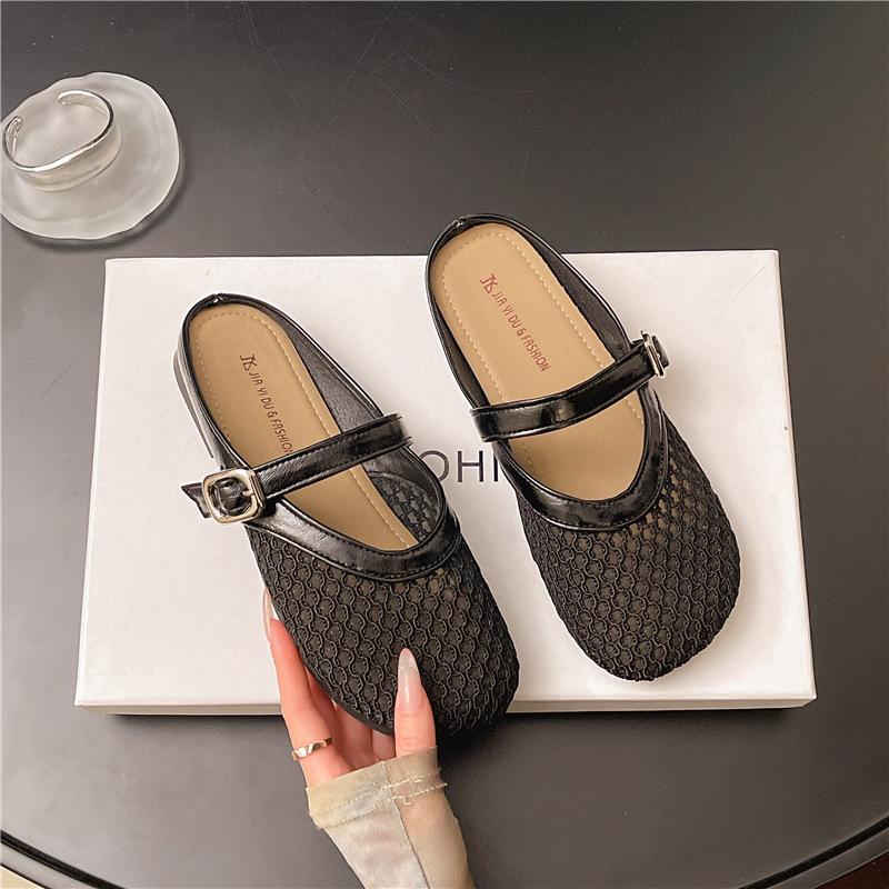 

Баотоу півтапочки жіночі для вулиці 2025 нові літні універсальні на плоскій підошві сітчасті дихаючі феєричний стиль м яка підошва прохолодні тапочки 40 чорний