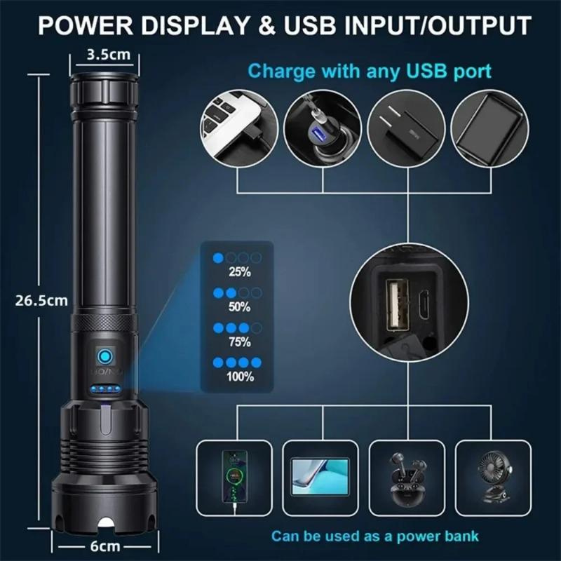 Multiple Lighting Modes XHP70 XHP90 COB Aluminum Rechargeable Zoom Multifunctional Flashlight Tactical Self-defense Flashlight