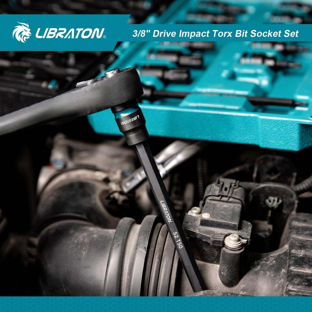 LIBRATON Torx Bit Socket Set, 3/8 inch (9.5 mm) Drive, S2 Steel, Star Bit Socket Set, T10-T60, Impact Torx Socket Set, 24-Piece Set