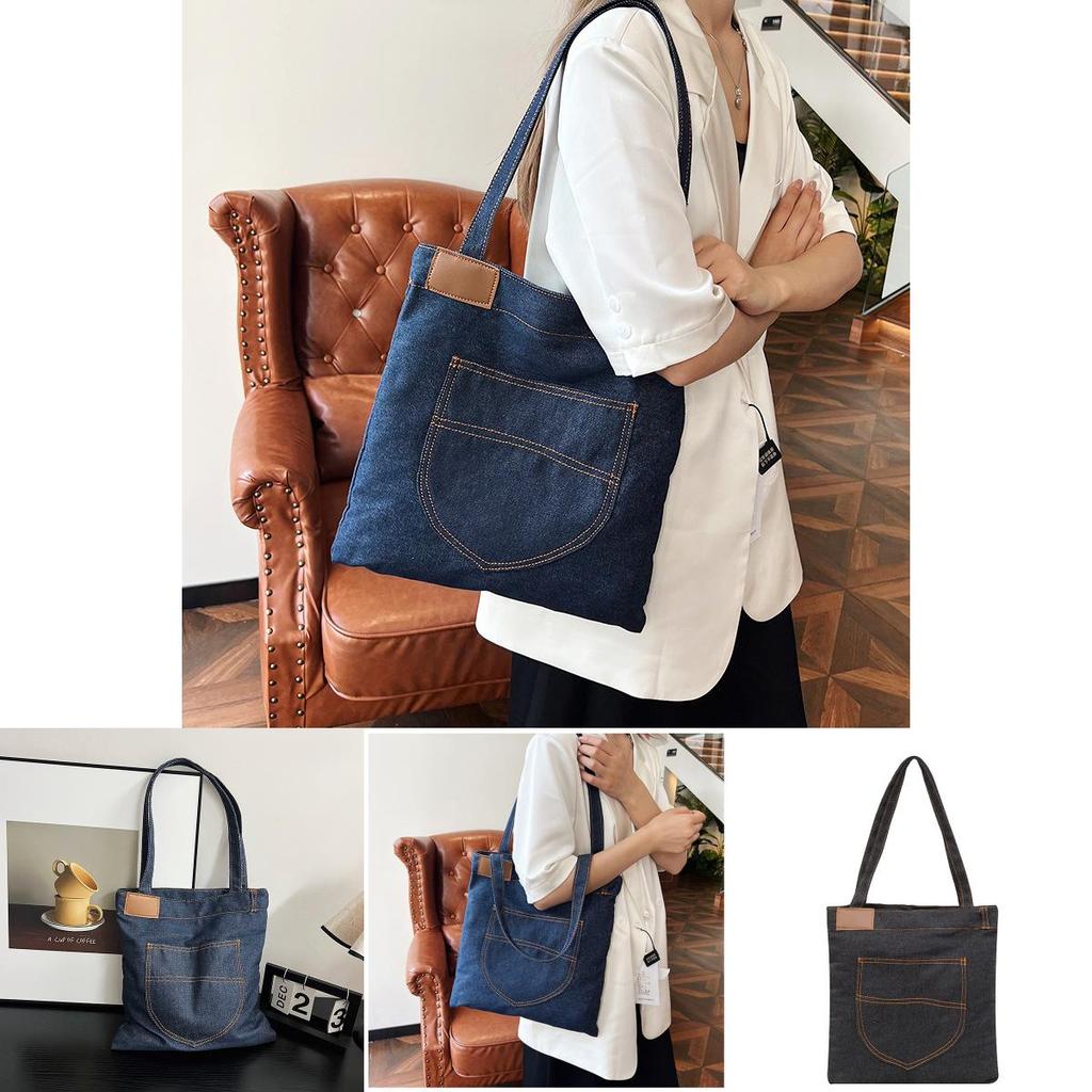 Denim Shoulder Bag Large Capacity Shopping Tote With Zipper For Daily Use