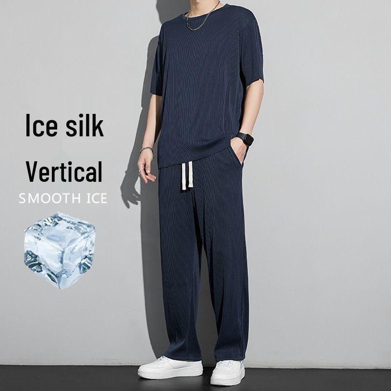 Men's Quick-Dry Ice Silk Sports Set: Short Sleeve T-Shirt & Long Pants