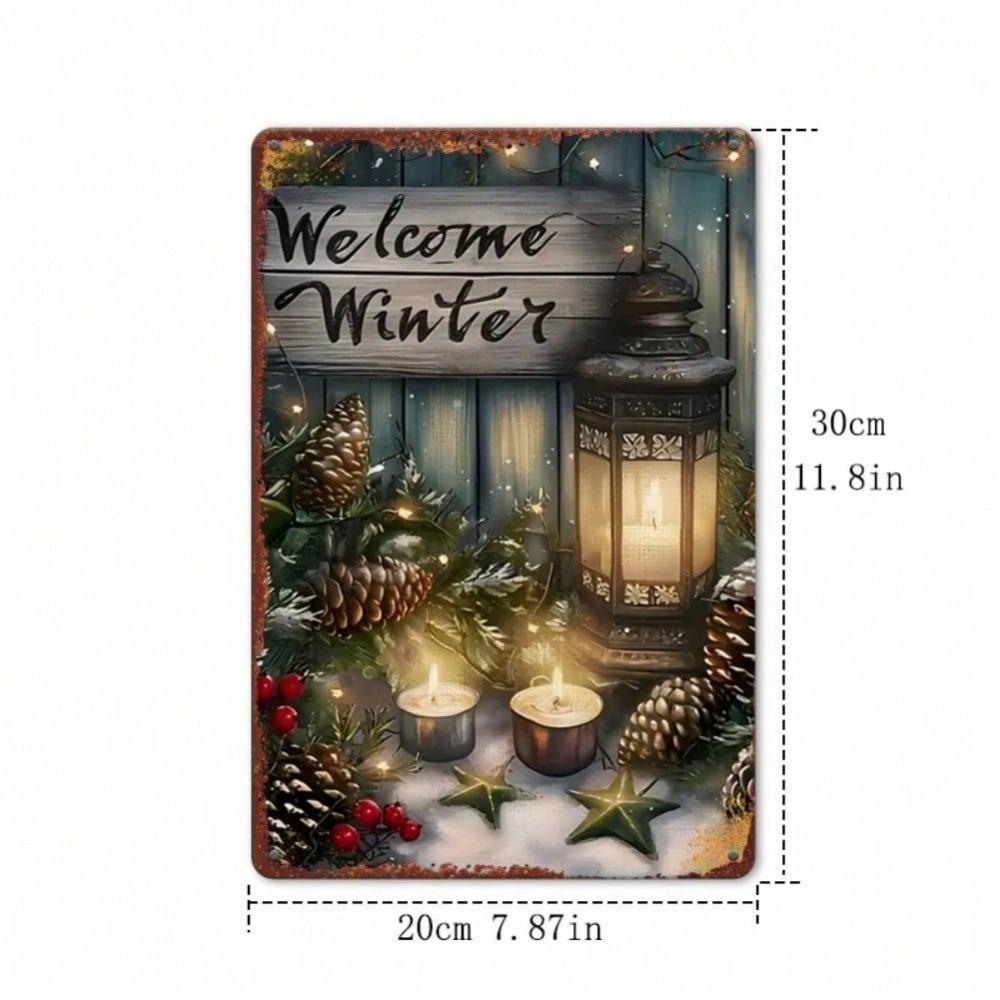 2D Winter Iron Sign Lantern with Candle Design, Christmas New Year Outdoor Garden Decor, 12x8 Inch