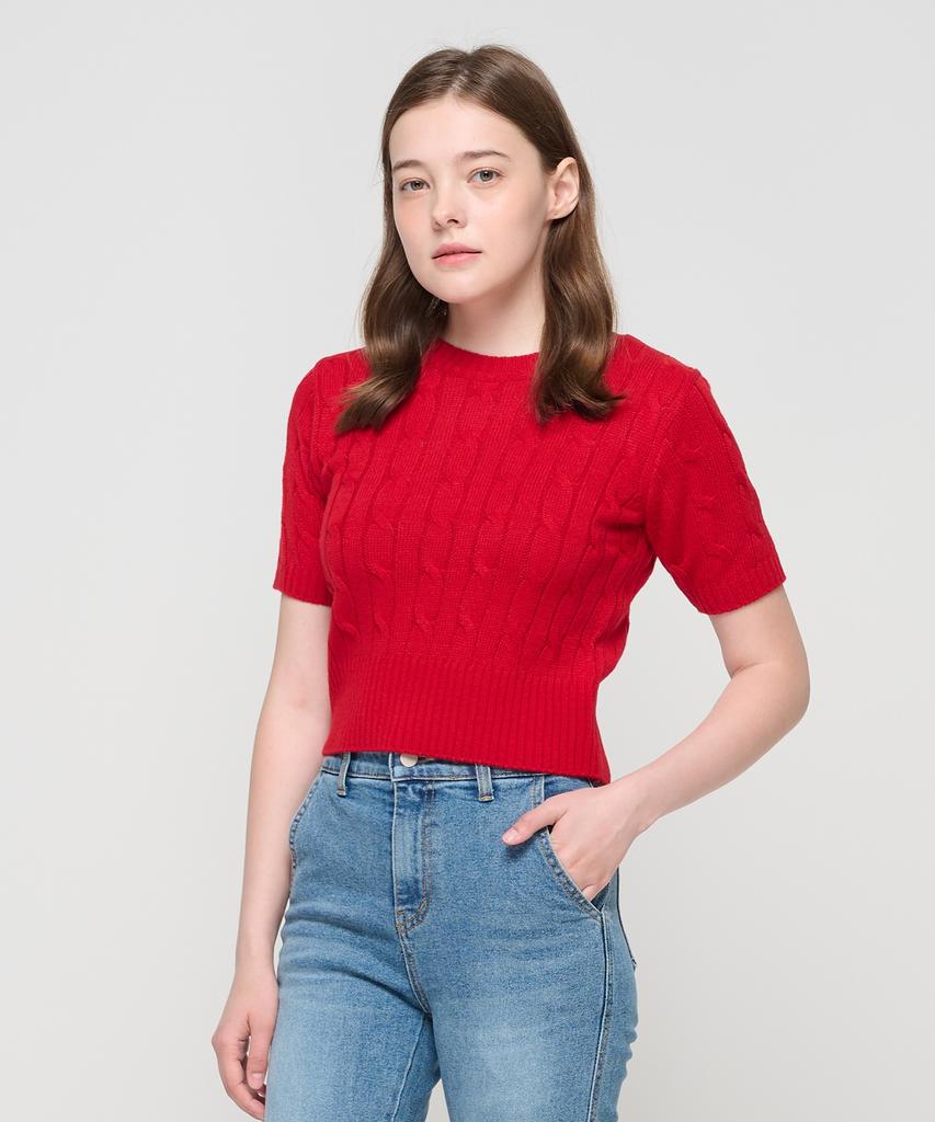 ROIDESROIS Cable Knit Short Sleeve Crop Knit (Red)