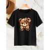 Women Cartoon Bear Print T-Shirt Leopard Bow Star Crew Neck Spring Summer Autumn Machine-Washable Top