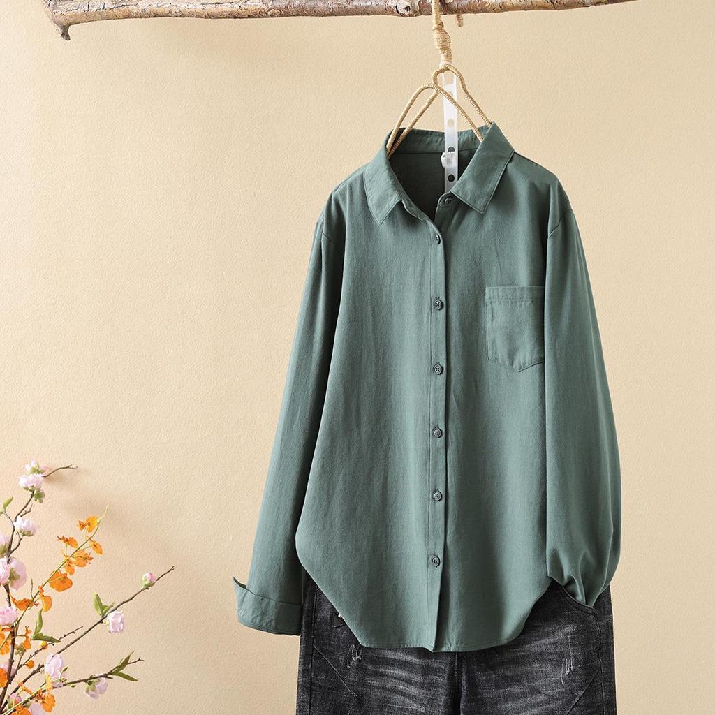 Solid Color Pure Cotton Long Sleeve Unisex Women's Shirt - Japanese Casual Style 