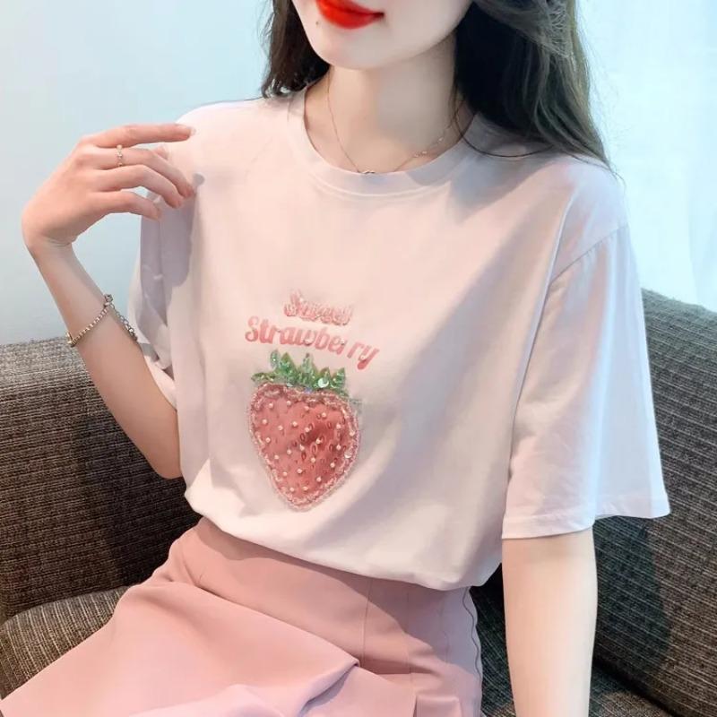 

Women s Sequin Strawberry Embroidered Crew Neck Short Sleeve Casual T-Shirt S белый