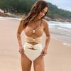 Women Monokini Sling Hollow Design One-piece Swimsuit with Metal Buckles Patchwork Color Sexy Beachwear