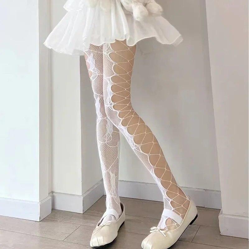 

Women Fishnet Cosplay Jk Stockings Patterned High Waist Fishnet Nightclub Party Tights Hollow Out Floral Thigh High Pantyhose One Size