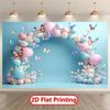 2D Flat Print Pastel Blue Balloon Butterfly Backdrop, Spring Floral Party Decoration Background for Photo Studio