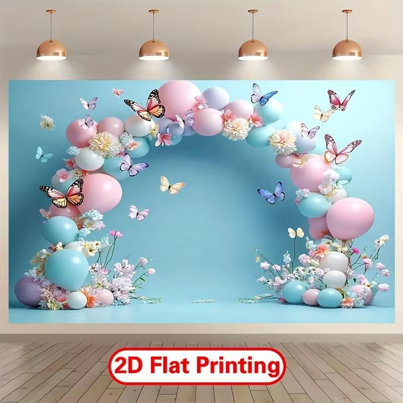 2D Flat Print Pastel Blue Balloon Butterfly Backdrop, Spring Floral Party Decoration Background for Photo Studio