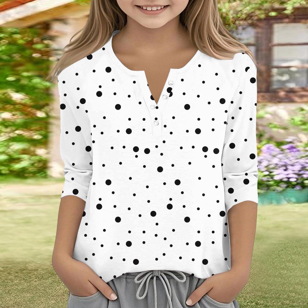 Print Tops For Youth Girls V Neck Button 3/4 Sleeves T-Shirts Trendy Tops Outfit Tees