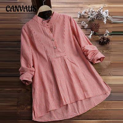 Women's Plus Size Shirt Plaid Stand Collar Pullover Shirt Long Sleeve Top