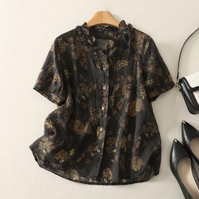 2025 Summer New Retro Fried Color Printed Cotton and Linen Shirt Women's Fungus Edge Temperament Shirt Short-sleeved Top