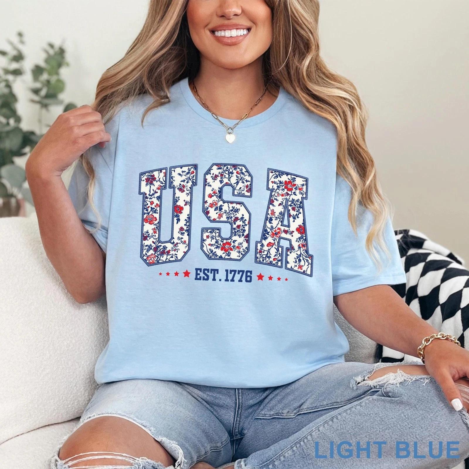 USA Floral Shirt Gildan Softstyle Cotton Patriotic 4th July Gift Women S