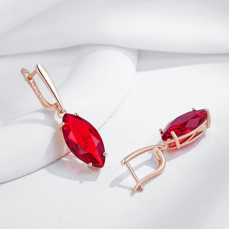 Shiny Rhombus Red Natural Zircon Long Dangle Earrings For Women  Rose Gold Color High Quality Daily Fine Jewelry