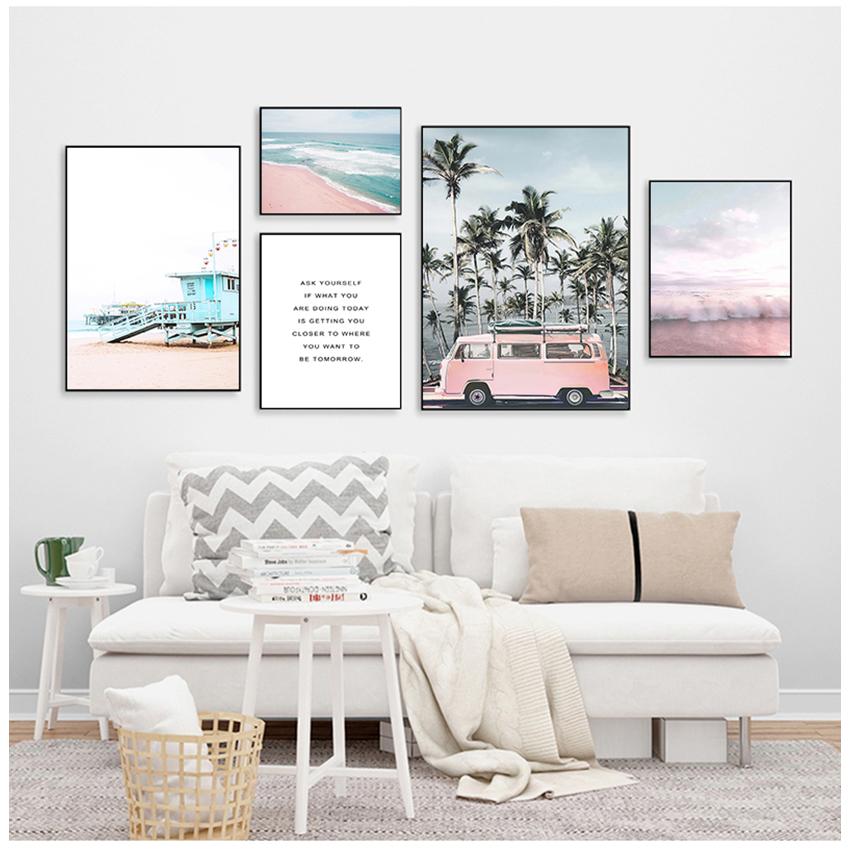 Painting Decoration Picture Scandinavian Home Decor Ocean Landscape Canvas Poster Nordic Style Beach Pink Bus Wall Art Print