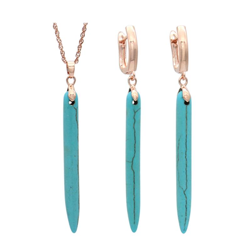 Vintage Long Synthetic Turquoises Drop Earrings Jewelry Sets For Women Rose Gold Color Pendant Necklace Gift