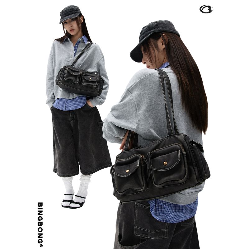 

Bingbong | Lost Pocket Retro Motorcycle Underarm Bag Simple Multi-pockets Handbag Large Capacity Square Sling Bag Lost Pocket Rock Ash