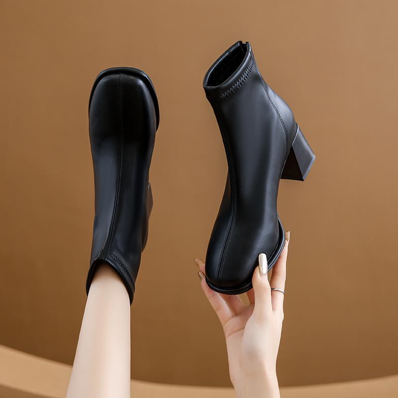 Women's Soft Leather Square Toe Ankle Boots - 2025 Autumn/Winter Velvet Chunky Heel Skinny Boots