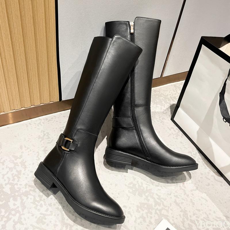 Outono inverno novo salto grosso zíper lateral cano longo botas femininas tamanho grande simples moderno versátil botas femininas