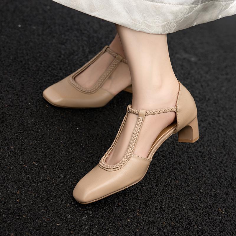 Fashion Fashion Women Genuine Leather Thick Heels Pumps Slingbacks 2025 Summer Shoes Square Toe Leather Party Wedding Shoes Woman Pumps